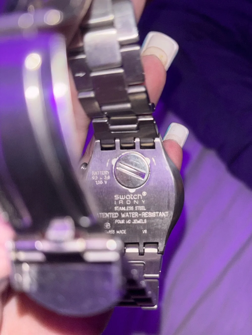 Swatch Silver Stainless Steel Chronograph Watch with Blue Accents